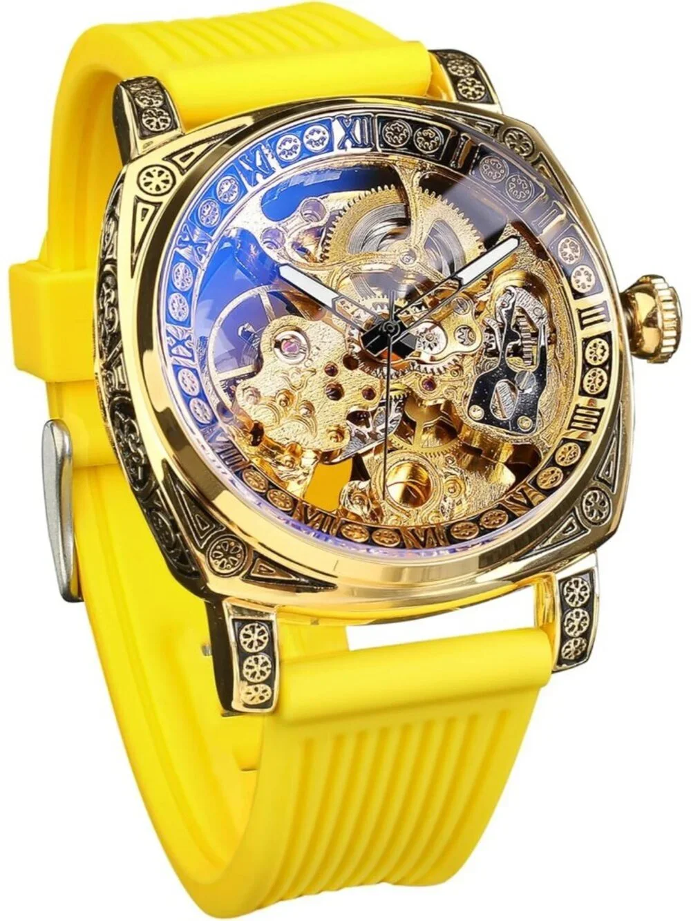 Men's Yellow Square Mechanical Rubber Strap Self-Wind Carved Automatic Watch